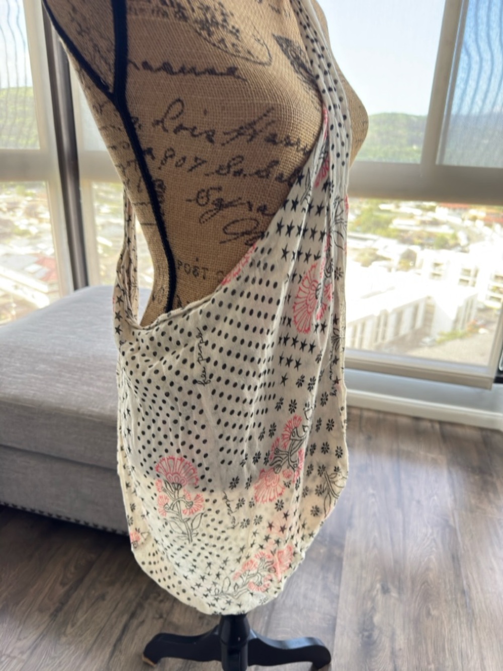 Free People Cream Tote with Pink Floral and Black Dot Print
